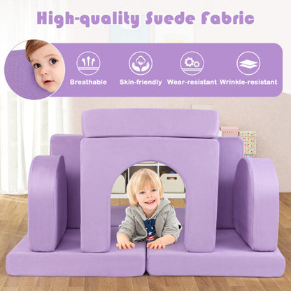 8-Piece Modular Kids Play Couch with Comfy Suede Fabric-Purple - Color: Purple