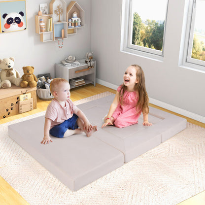 9-Piece Climb and Crawl Foam and Floor Playset with Breathable Suede Fabric-Beige - Color: Beige