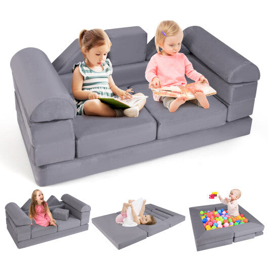 9-Piece Climb and Crawl Foam and Floor Playset with Breathable Suede Fabric-Gray - Color: Gray