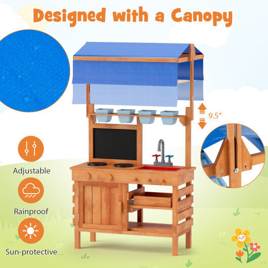 Wooden Pretend Play Kitchen with Height Adjustable Canopy for Kids-Natural - Color: Natural