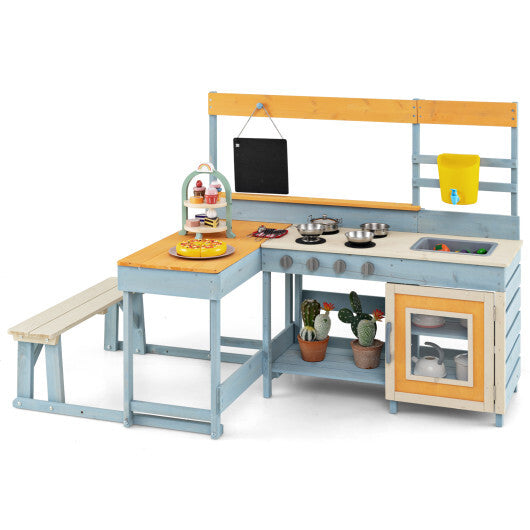 Fir Wood Play Kitchen with Kids Picnic Table and Built-in Bench-Gray - Color: Gray