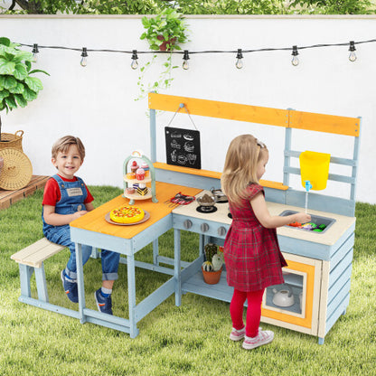 Fir Wood Play Kitchen with Kids Picnic Table and Built-in Bench-Gray - Color: Gray