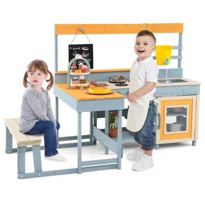 Fir Wood Play Kitchen with Kids Picnic Table and Built-in Bench-Gray - Color: Gray