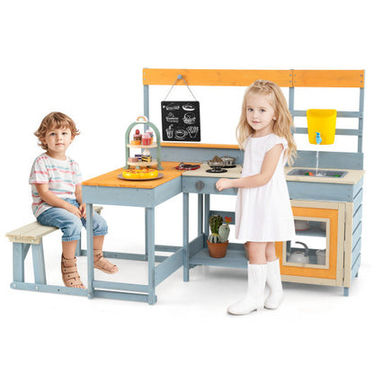 Fir Wood Play Kitchen with Kids Picnic Table and Built-in Bench-Gray - Color: Gray