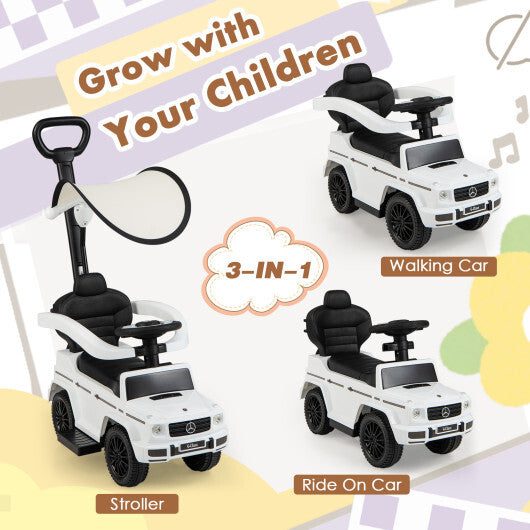 3-In-1 Ride on Push Car Mercedes Benz G350 Stroller Sliding Car with Canopy-White - Color: White