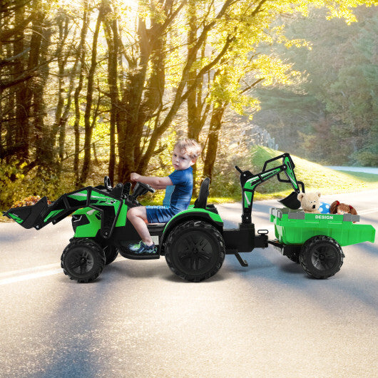 12V 3 in 1 Kids Ride On Excavator with Shovel Bucket and Music-Green - Color: Green