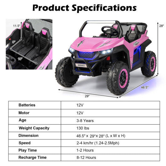 12V 2-Seater Kids Ride on UTV with Slow Start Function Music-Pink - Color: Pink