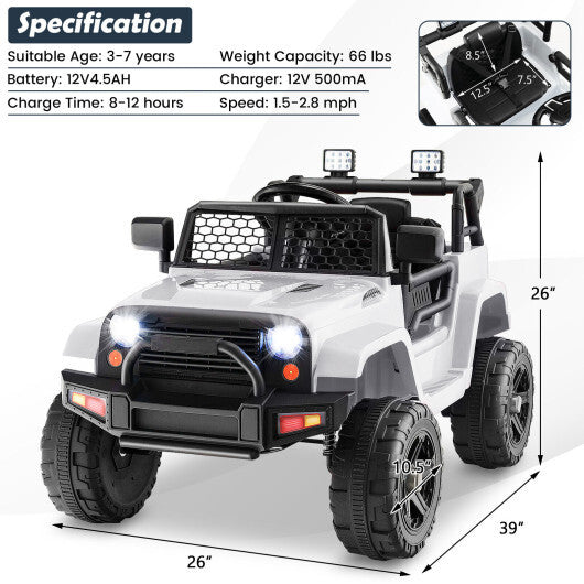 12V Kids Ride On Truck with Remote Control and Headlights-White - Color: White