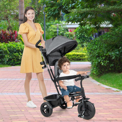 4-in-1 Baby Trike Kids Tricycle with Removable Canopy and Adjustable Push Handle-Gray - Color: Gray