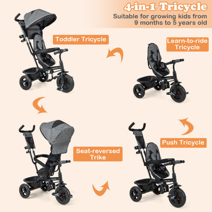 4-in-1 Baby Trike Kids Tricycle with Removable Canopy and Adjustable Push Handle-Gray - Color: Gray