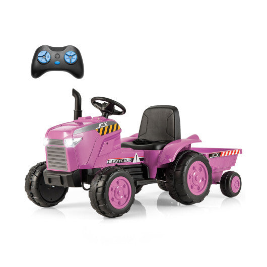 12V Kids Ride On Tractor with Trailer and Remote Control-Pink - Color: Pink