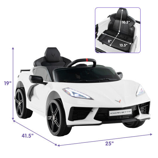 12V Electric Kids Ride On Car Licensed Chevrolet Corvette C8 with Remote Control Ages 3+ Years Old-White - Color: White