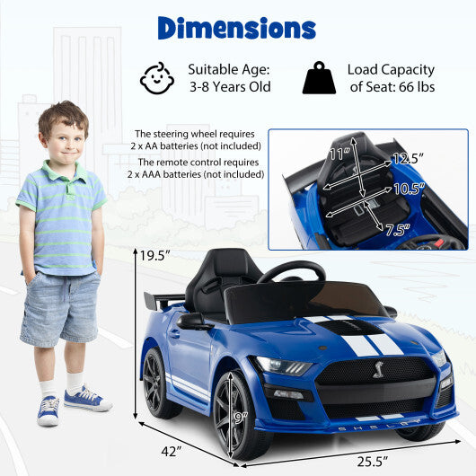 12V Licensed Ford Mustang Shelby GT500 Kids Ride on Car with Remote Control for Kids Aged 3-8-Blue - Color: Blue