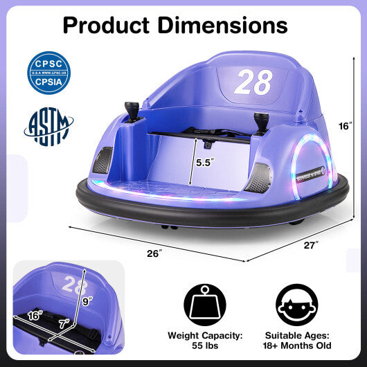 12V 360 Ride on Bumper Car for Toddlers with Remote Control-Purple - Color: Purple