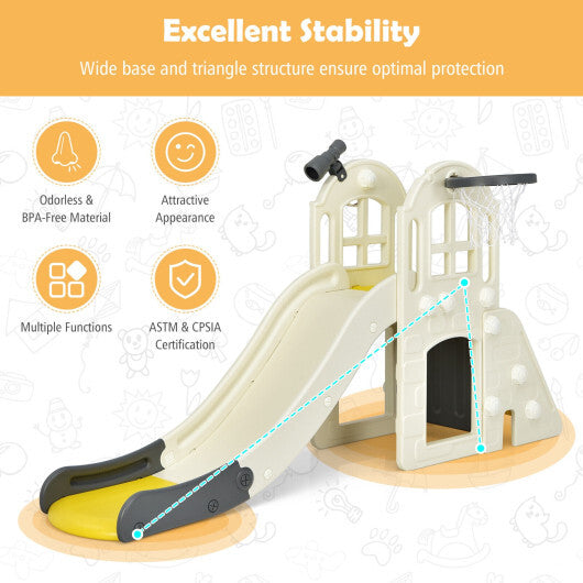 6-In-1 Large Slide for Kids Toddler Climber Slide Playset with Basketball Hoop-Yellow - Color: Yellow