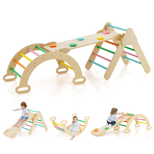 2-in-1 Wooden Kids Climber Toys with Triangle Arch Ramp-Multicolor - Color: Multicolor