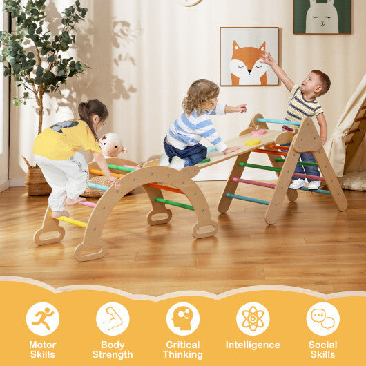 2-in-1 Wooden Kids Climber Toys with Triangle Arch Ramp-Multicolor - Color: Multicolor