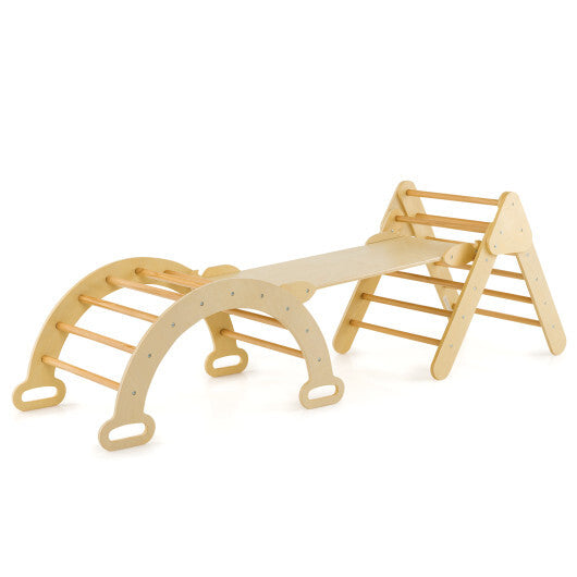 2-in-1 Wooden Kids Climber Toys with Triangle Arch Ramp-Natural - Color: Natural