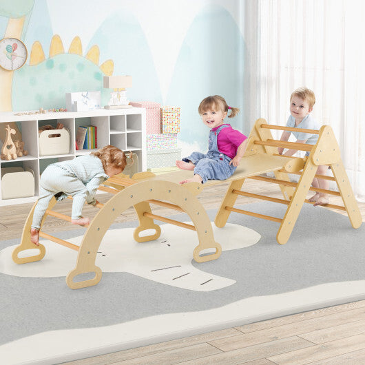 2-in-1 Wooden Kids Climber Toys with Triangle Arch Ramp-Natural - Color: Natural