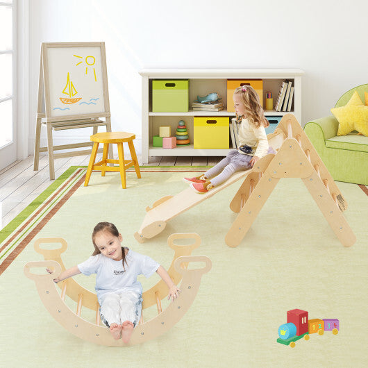 2-in-1 Wooden Kids Climber Toys with Triangle Arch Ramp-Natural - Color: Natural