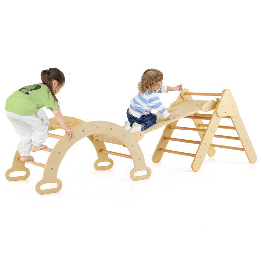 2-in-1 Wooden Kids Climber Toys with Triangle Arch Ramp-Natural - Color: Natural