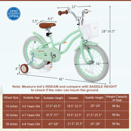 16 Inch Kids Bike with Adjustable Seat and Bell for Kids 3-8 Years Olds-16 inches - Color: Green - Size: 16 inches