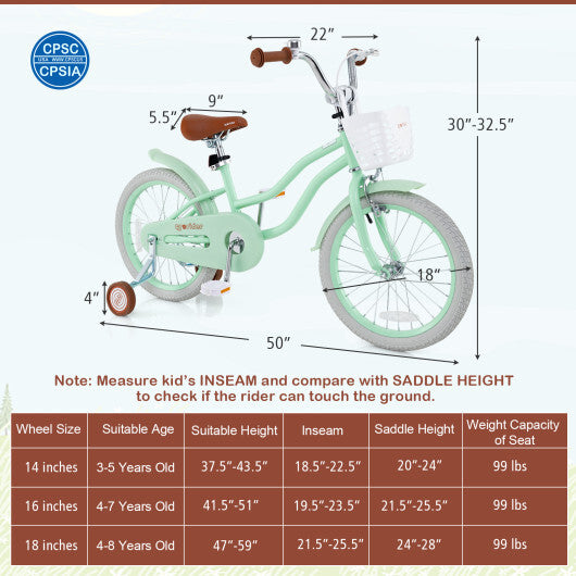 18 Inch Kids Bike with Adjustable Seat and Bell for Kids 3-8 Years Olds-18 inches - Color: Green - Size: 18 inches