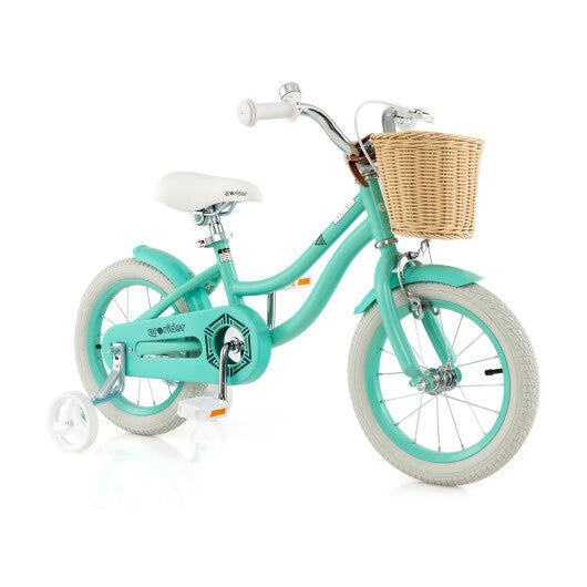 14-Inch Kids Bike with Training Wheels and Adjustable Handlebar Seat-Green - Color: Green