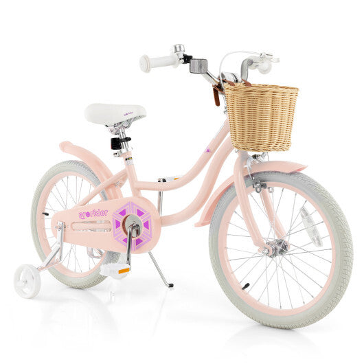 18-Inch Kids Bike with Training Wheels and Adjustable Handlebar Seat-Pink - Color: Pink