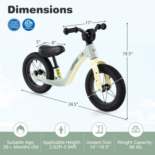 12-Inch Balance Bike with Adjustable Seat and Rotatable Handlebar for Over 36 Months Old-Green - Color: Green - Size: 12 inches