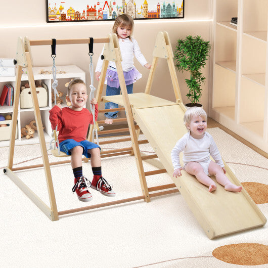 5-in-1 Indoor Jungle Gym Foldable Climber Playset with Fun Slide and Adjustable Swing - Color: Natural