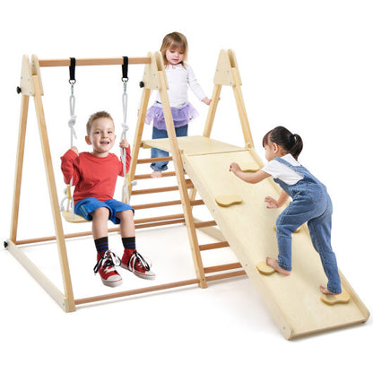 5-in-1 Indoor Jungle Gym Foldable Climber Playset with Fun Slide and Adjustable Swing - Color: Natural