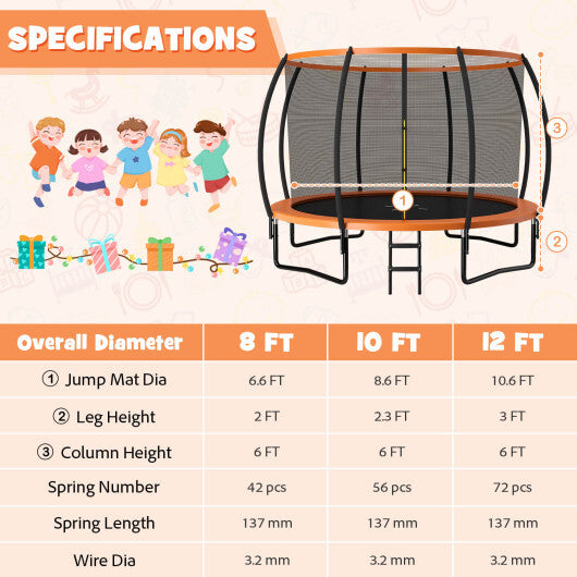 12FT ASTM Approved Recreational Trampoline with Ladder-Orange - Color: Orange