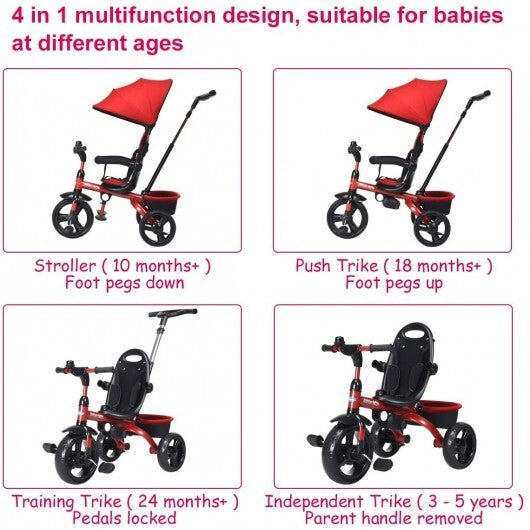 4-in-1 Kids Tricycle with Adjustable Push Handle-Red - Color: Red