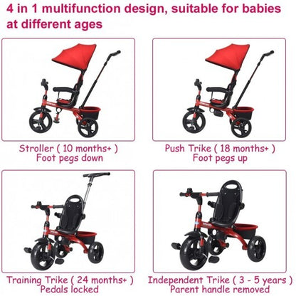 4-in-1 Kids Tricycle with Adjustable Push Handle-Red - Color: Red