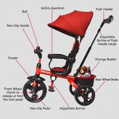 4-in-1 Kids Tricycle with Adjustable Push Handle-Red - Color: Red