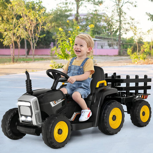 12V Ride on Tractor with 3-Gear-Shift Ground Loader for Kids 3+ Years Old-Black - Color: Black