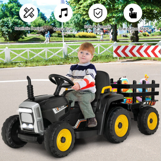 12V Ride on Tractor with 3-Gear-Shift Ground Loader for Kids 3+ Years Old-Black - Color: Black