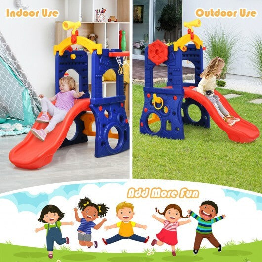 6-in-1 Freestanding Kids Slide with Basketball Hoop and Ring Toss - Color: Multicolor