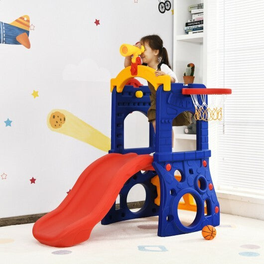 6-in-1 Freestanding Kids Slide with Basketball Hoop and Ring Toss - Color: Multicolor