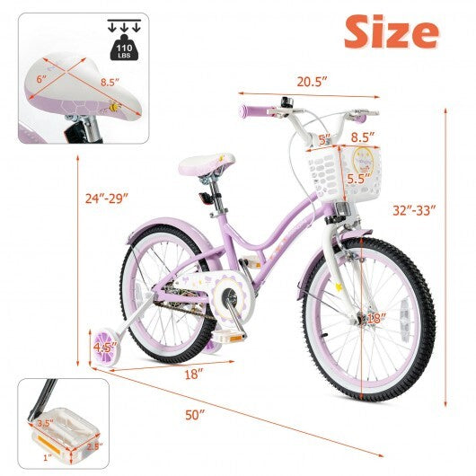 18 Inch Kids Adjustable Bike with Training Wheels-Purple - Color: Purple