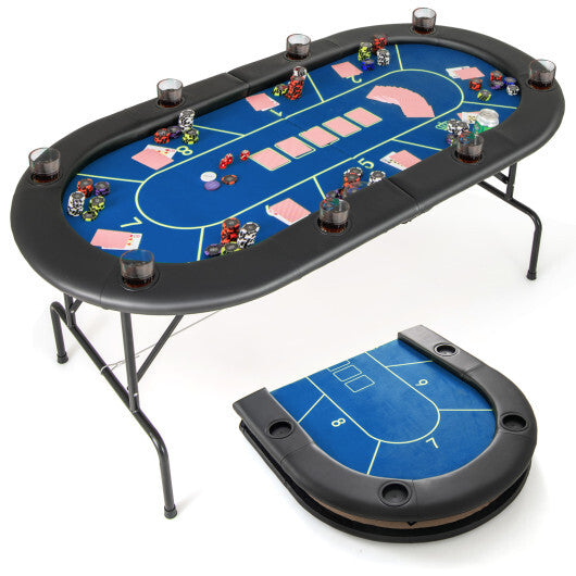 72 x 36 x 30.5 Inch Foldable Poker Table with 8 Cup Holders-Blue - Color: Blue